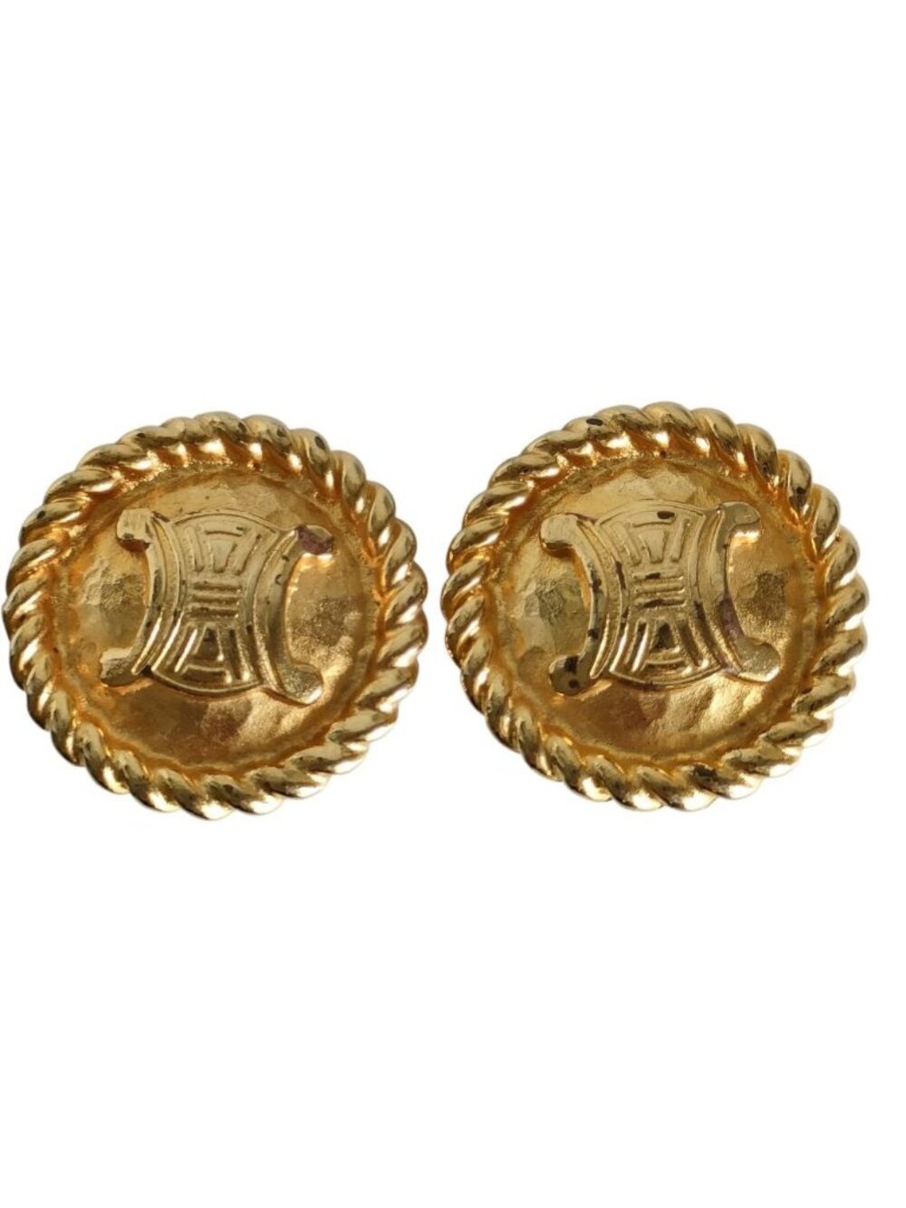 Celine Vintage Triomphe Circle Clip Earrings Gold Colored
